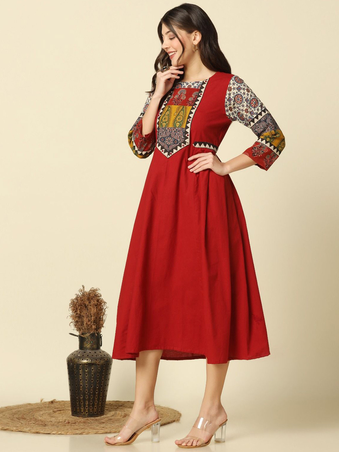 Aangan of Kutch Women Ethnic Motifs Printed Patchwork Fit & Flare Midi Dress