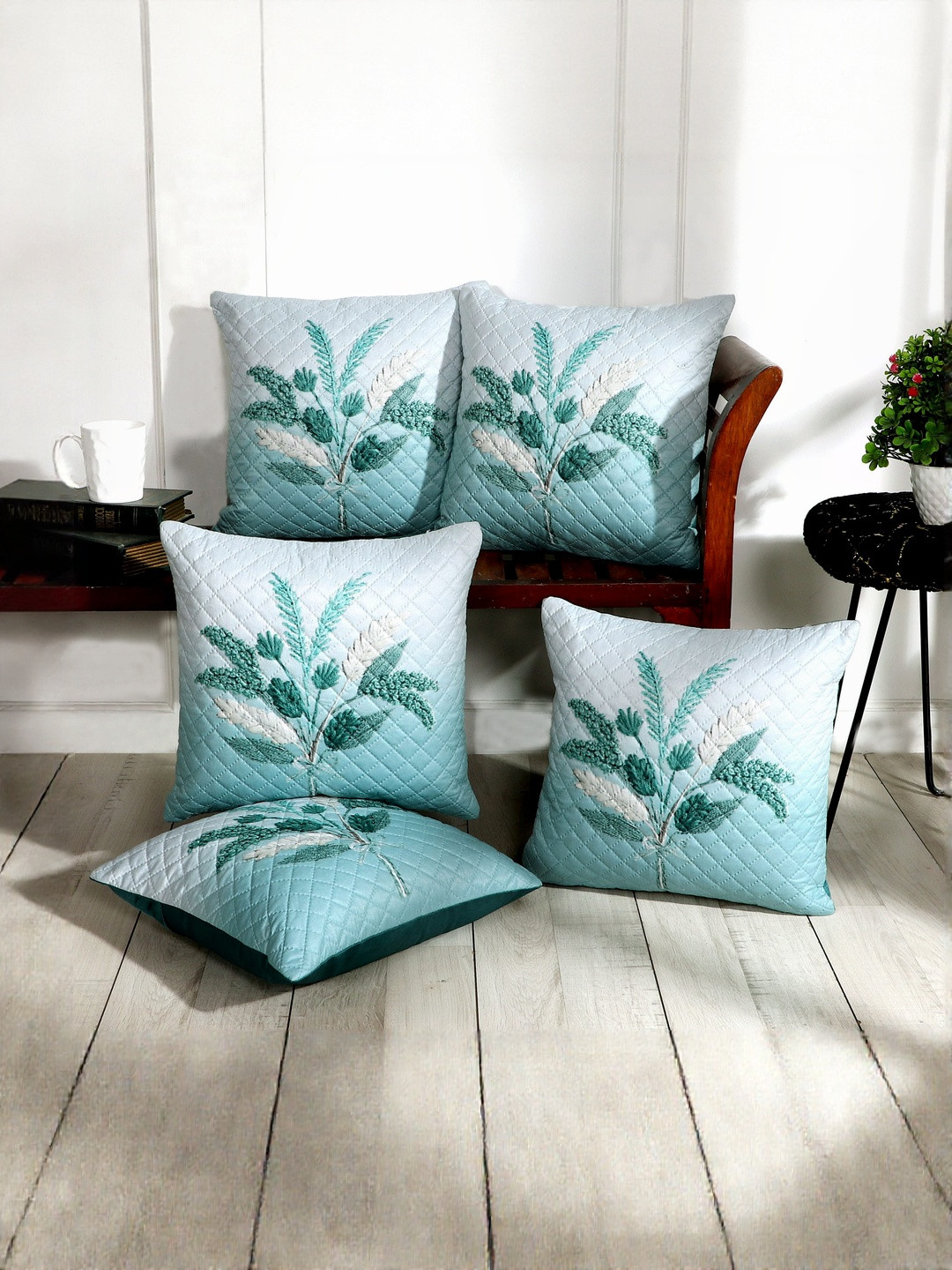 BLUEDOT Blue & Green Floral Velvet 5 Pieces Square Cushion Covers-16 inch x 16 inch