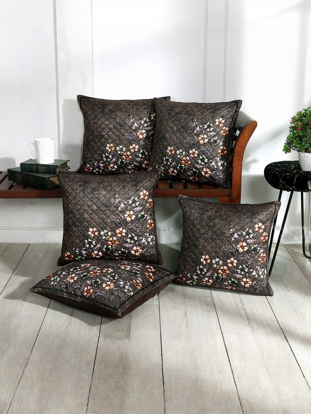 BLUEDOT Grey & Off White Floral Velvet 5 Pieces Square Cushion Covers-16 InchX16 inch