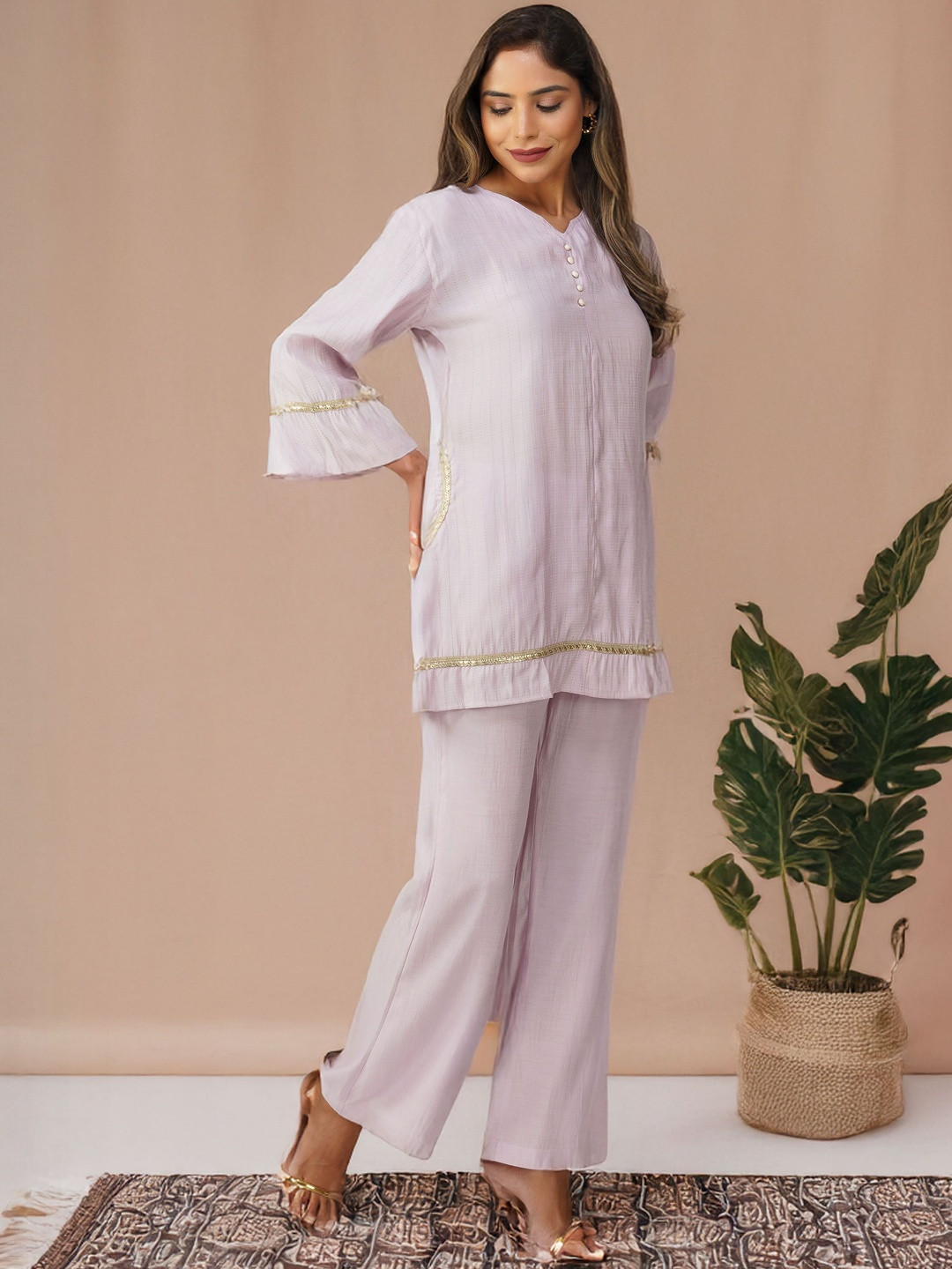 Bindigasm Taara Self Striped Sequinned V-Neck Tunic With Trouser