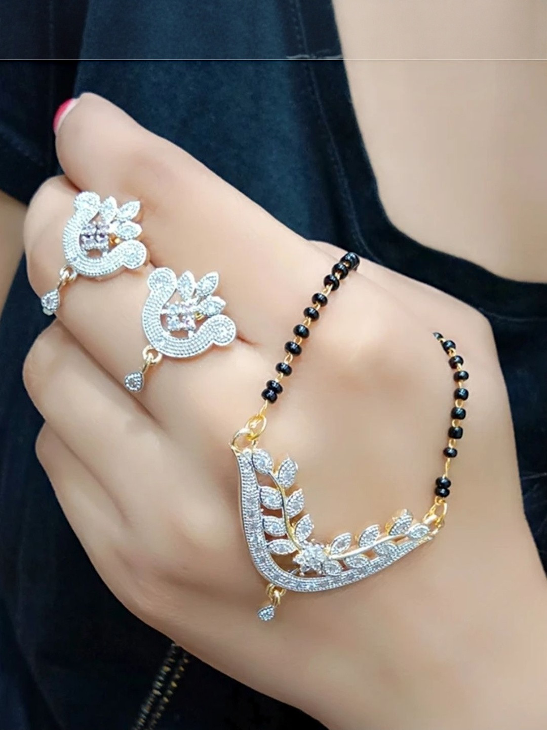 M Mod Con Artificial Stone Studded & Beaded Mangalsutra With Earrings