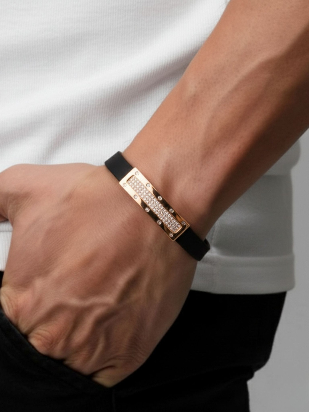 Jewelry Miguel Stainless Steel Rose Gold-Plated American Diamond Studded Bracelet