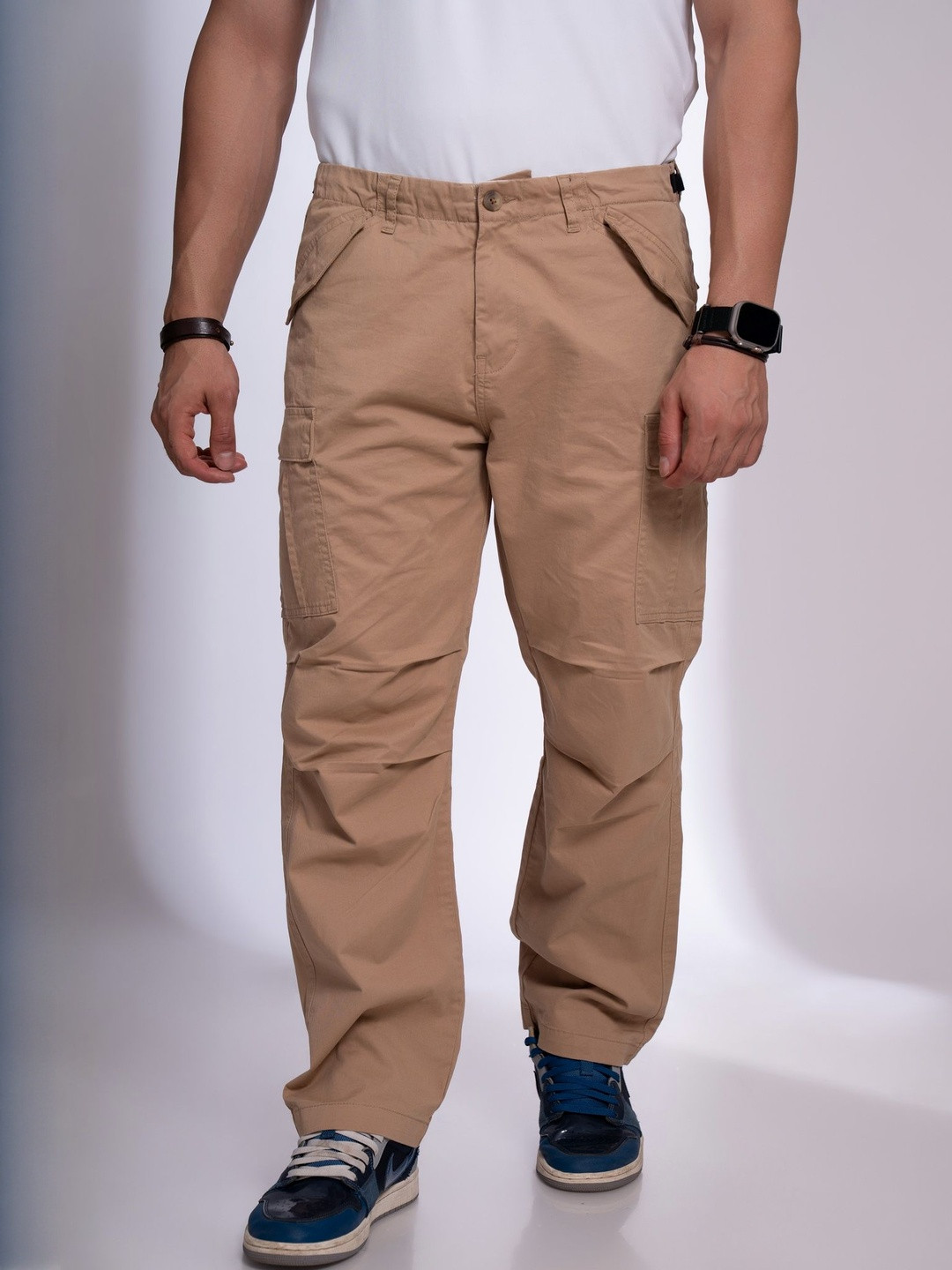 nostrum Marico Men Khaki Slim Fit Regular Rise Cargo Pants With 6 Pockets