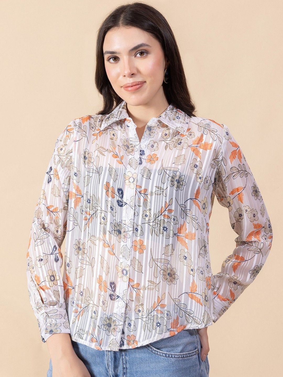 Masami Women Poly Satin Floral White Full Sleeves Top