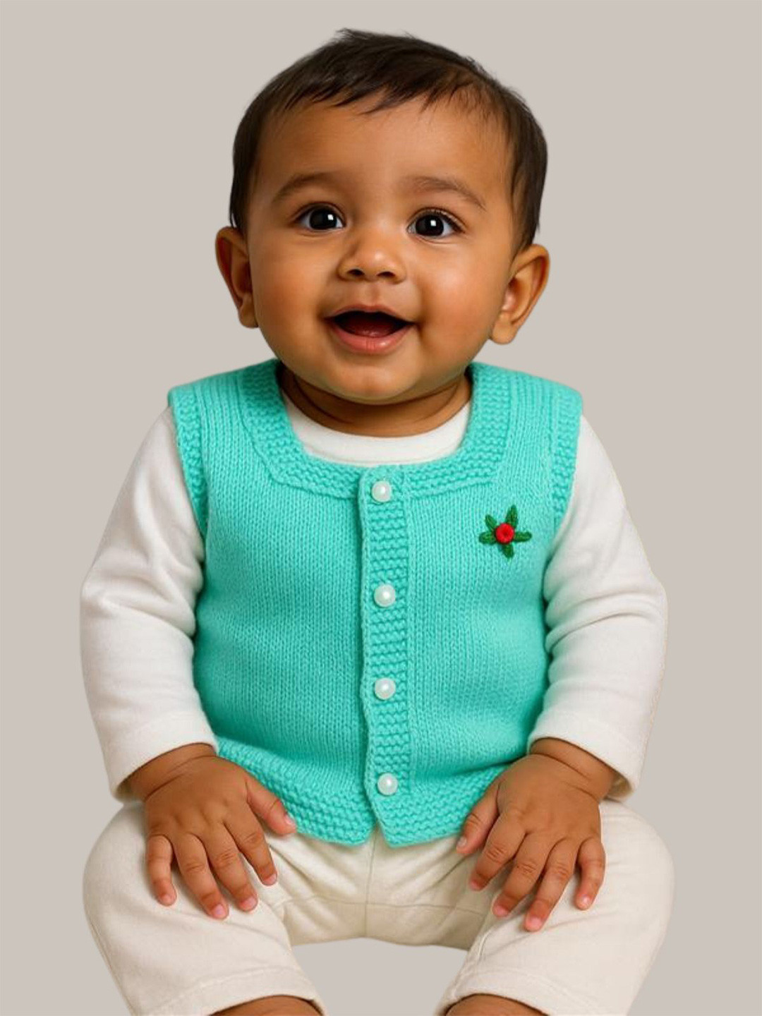 Little Angels Baby Boys Embroidered Square Neck Sleeveless Woollen Sweater Vest