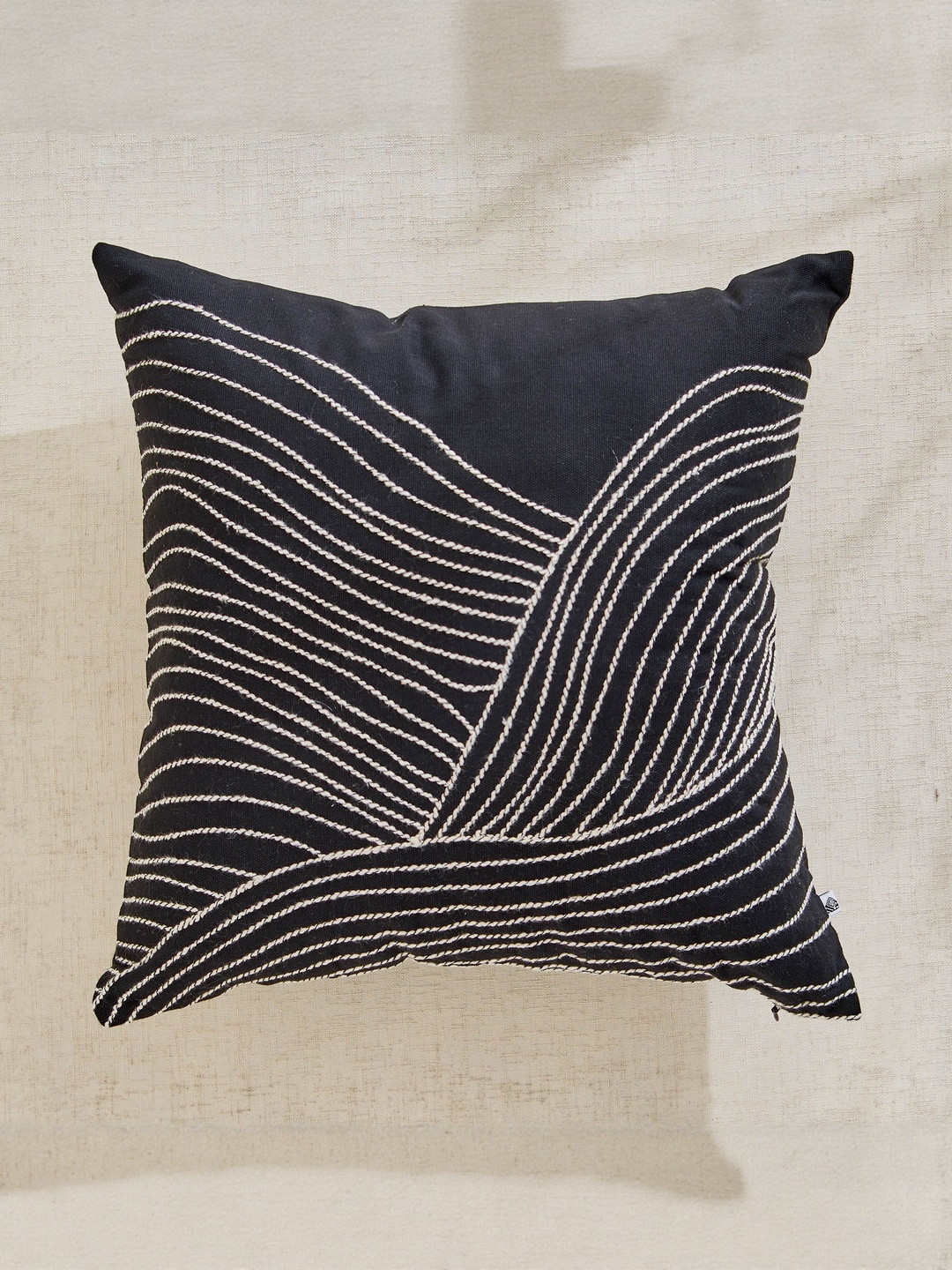 Home Centre Alloy Decor Vertex Black & Gold Toned Embroidered Pre-Filled Cushion