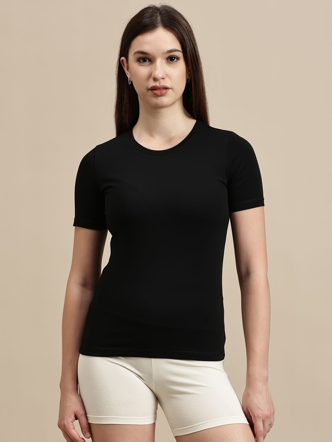 Ecolore Women Round Neck Short Sleeves Fitted Cotton Top