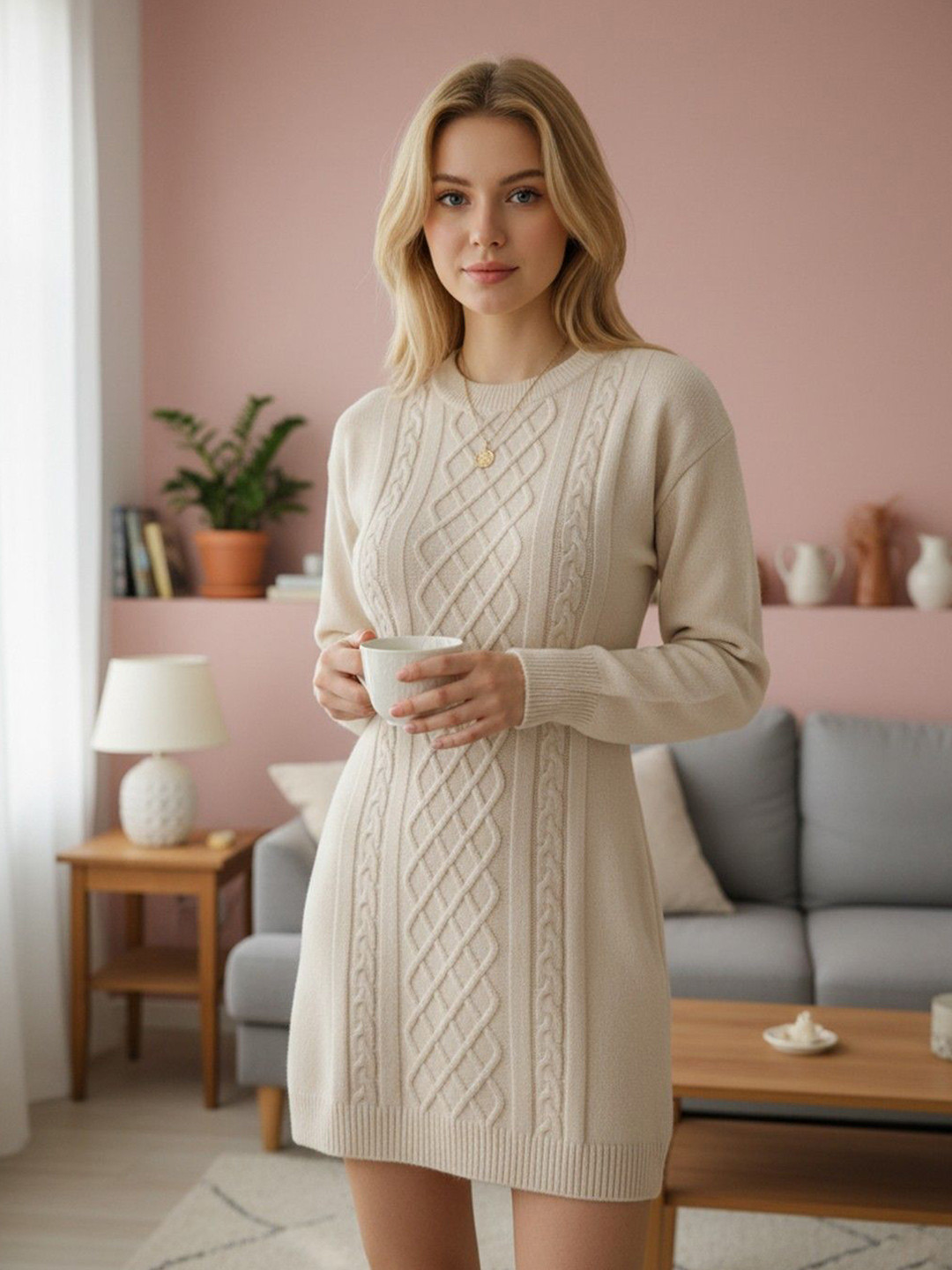 DressBerry Women Self Design Cable Knit Round Neck Long Sleeves Longline Jumper Sweater