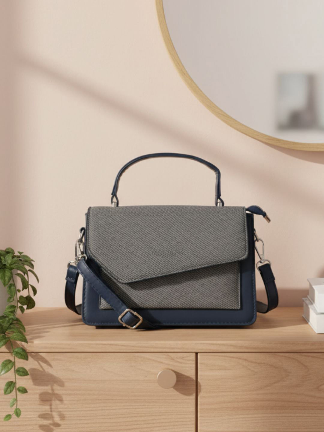 Flingo Navy Blue & Grey Structured Handbag with Asymmetric Flap & Adjustable Strap