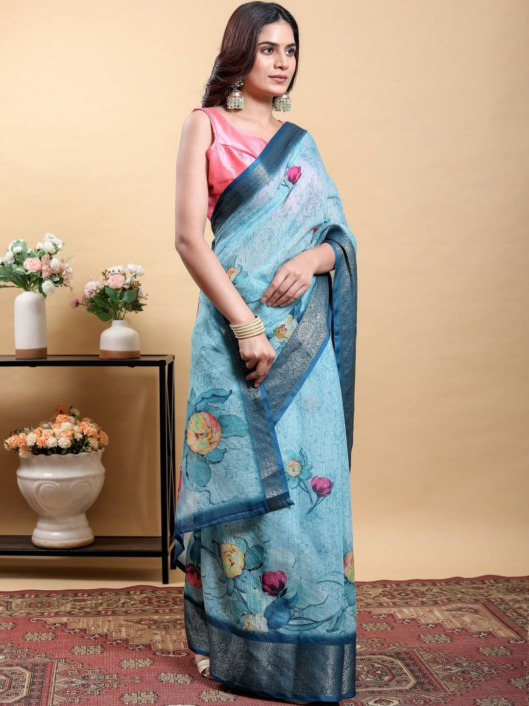 GOHILL ENTERPRISE Floral Pure Linen Handloom Saree