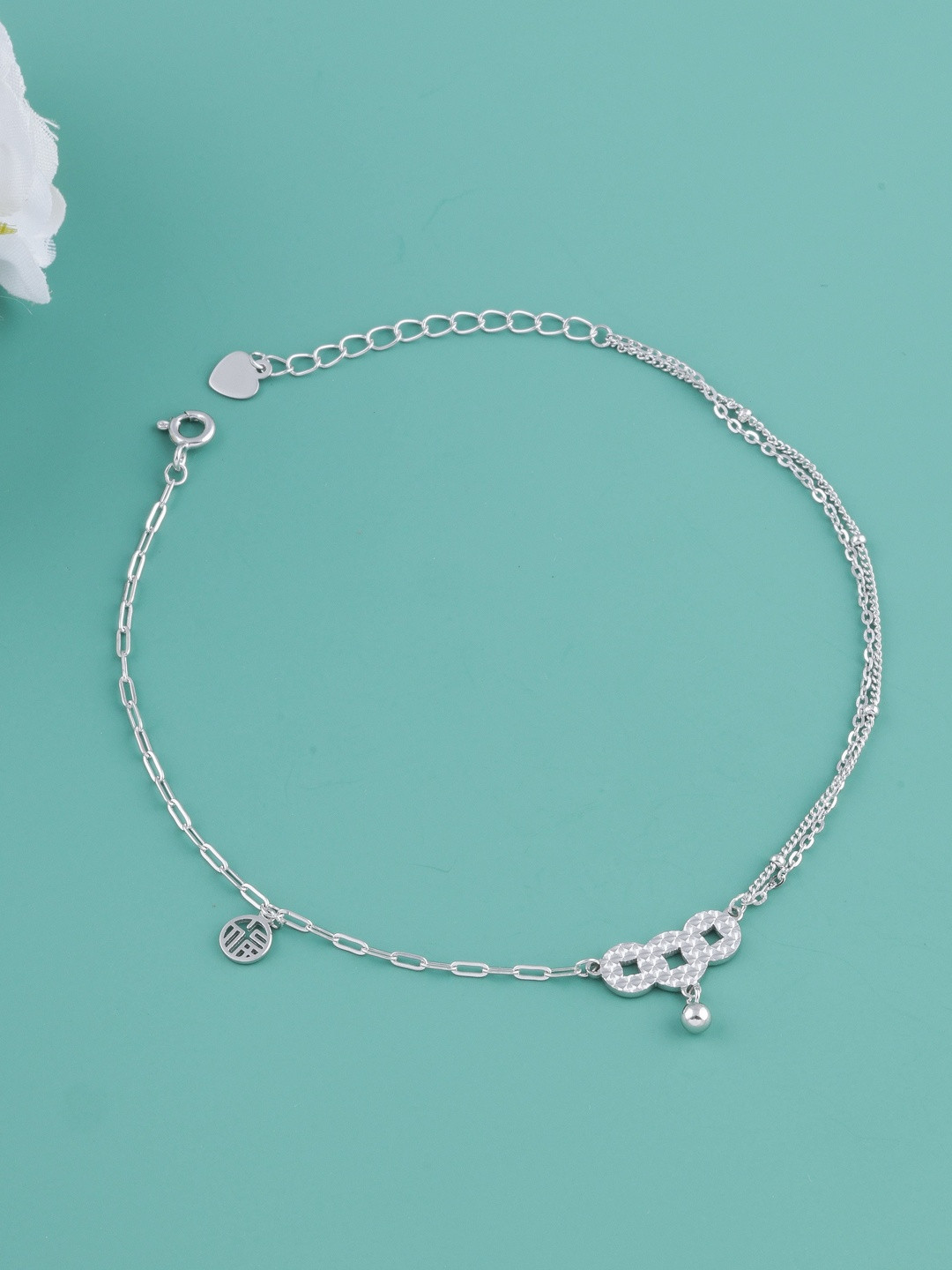 Eri 925 Sterling Silver Artificial Stones Studded Triple Ring Charm Anklet
