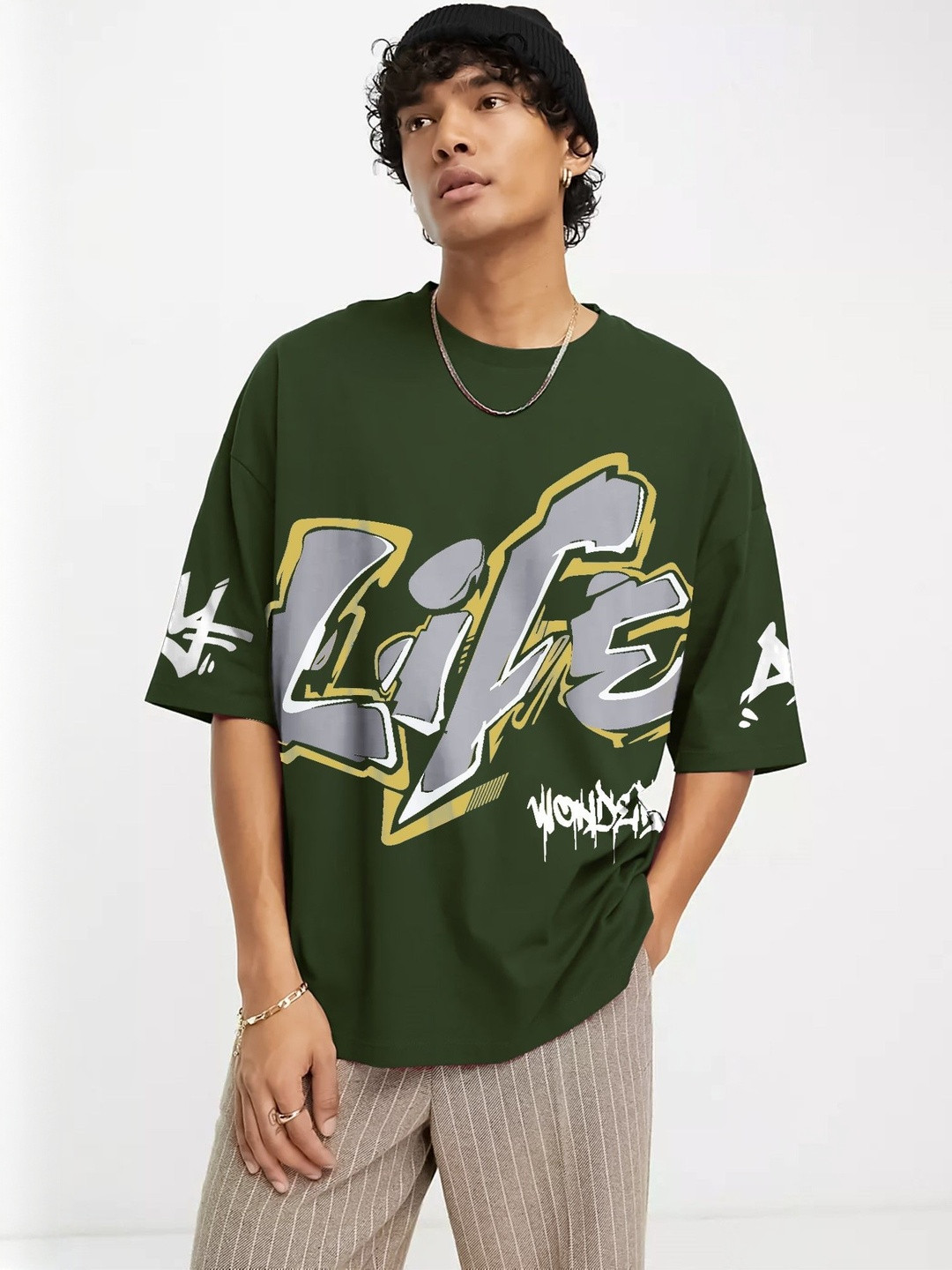 JUMPCUTS Typography Printed Round Neck Drop-Shoulder Sleeves Cotton Slim Fit T-shirt