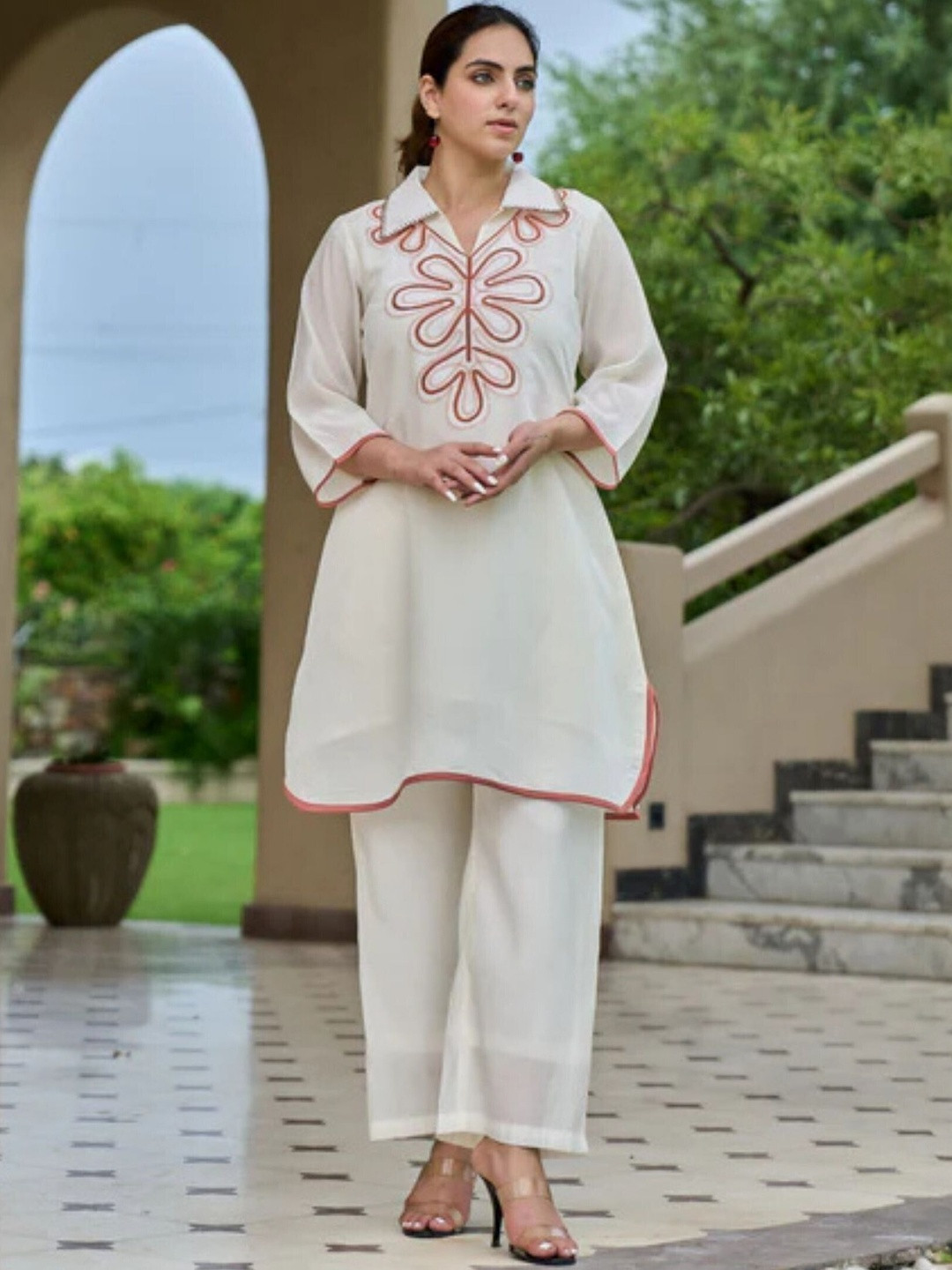 ANUSHEET Embroidered Shirt Collar Three-Quarter Sleeves Muslin Tunic With Trouser