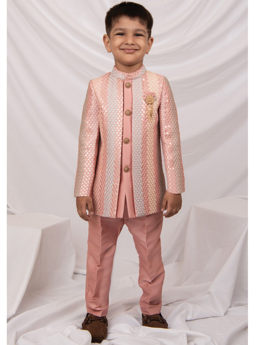 LITTLE COLLARS Boys Sequins Embellished Sherwani With Pyjama & Brooch