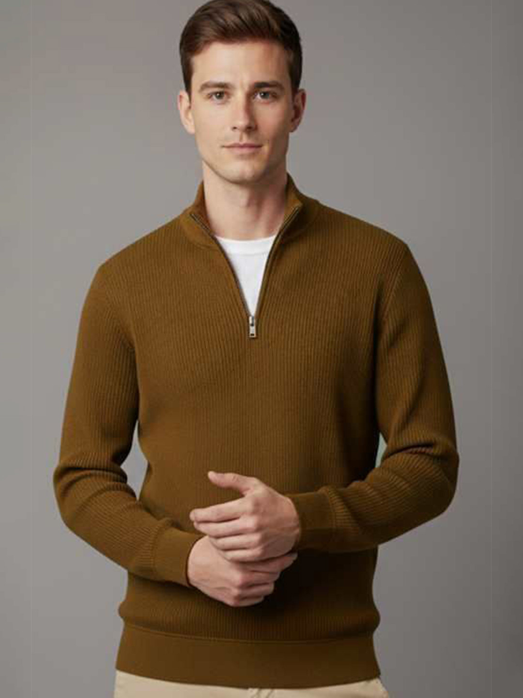 fashlook Men Ribbed Mock Collar Long Sleeves Woollen Half Zipper Pullover Sweaters