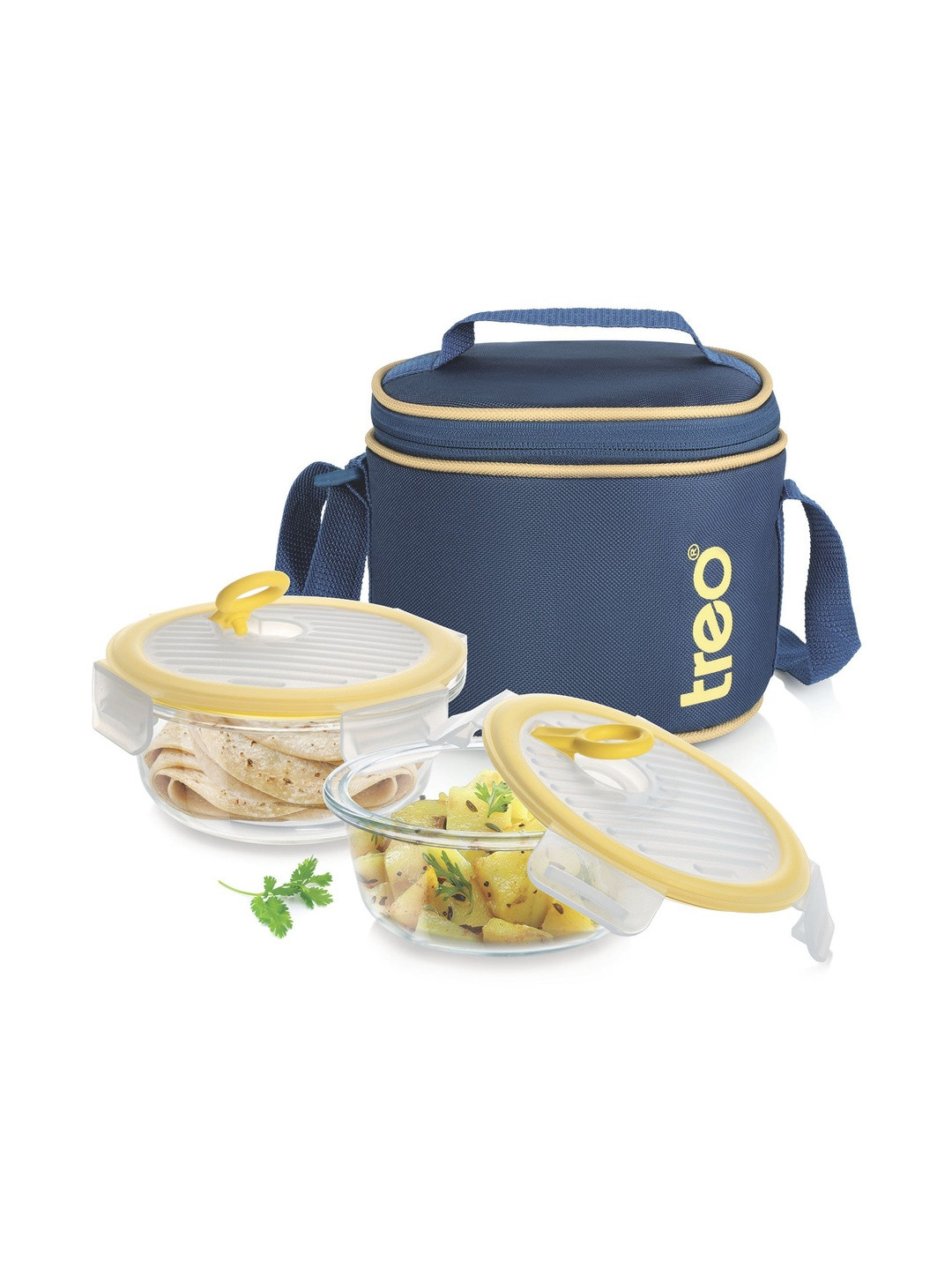 Treo 2 Pieces Blue All Fresh Borosilicate Glass Round Carry Jacket Lunch Box - 400 ml