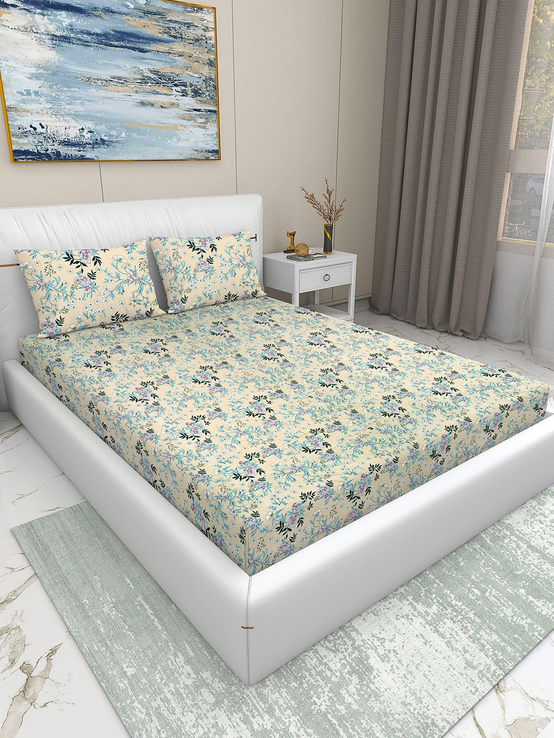 Aura Floral 220 TC King Bedsheet with 2 Pillow Covers