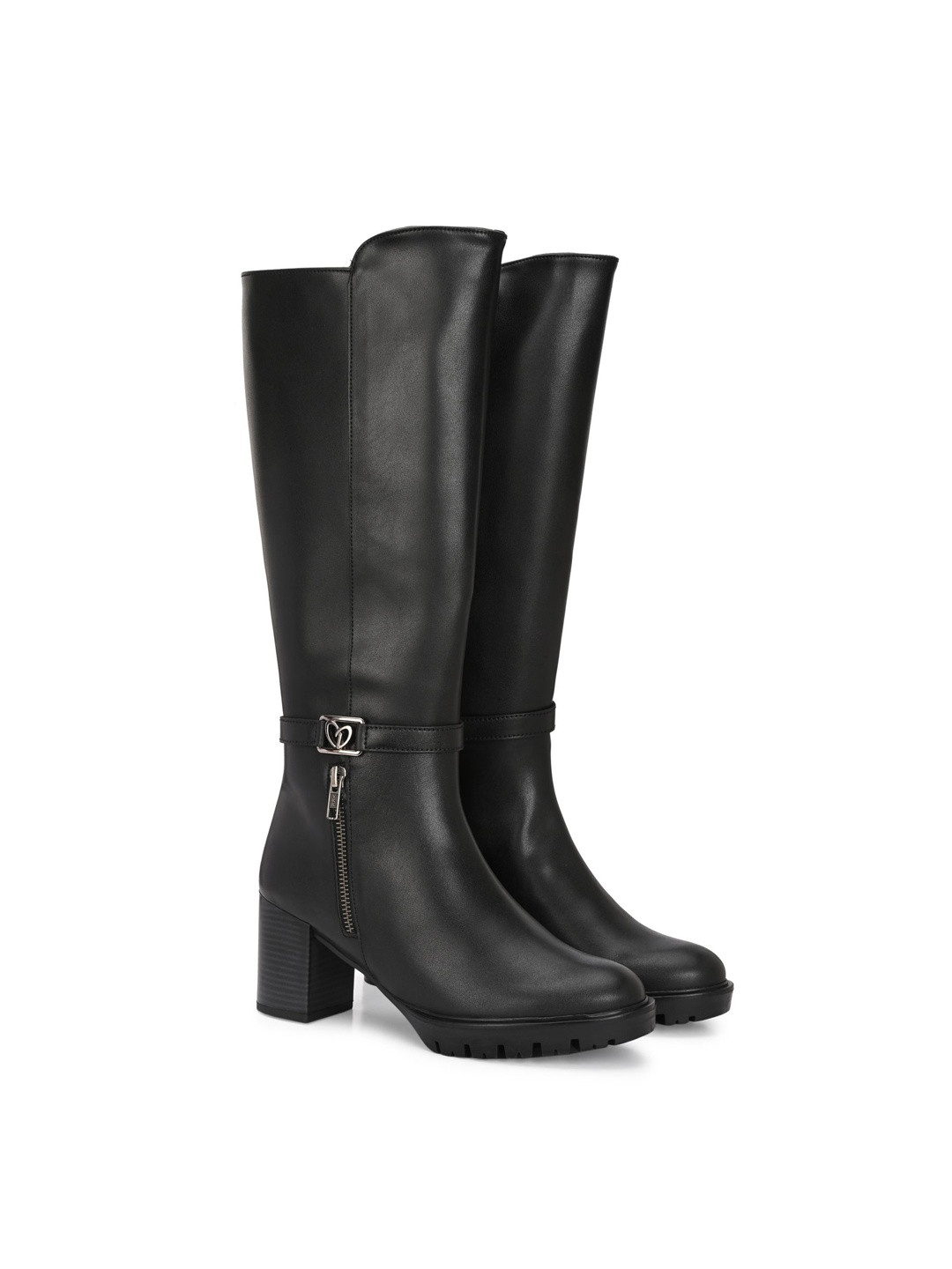 Delize Women Vegan Leather Metal Logo Detail High Block-Heel Slouchy Boots