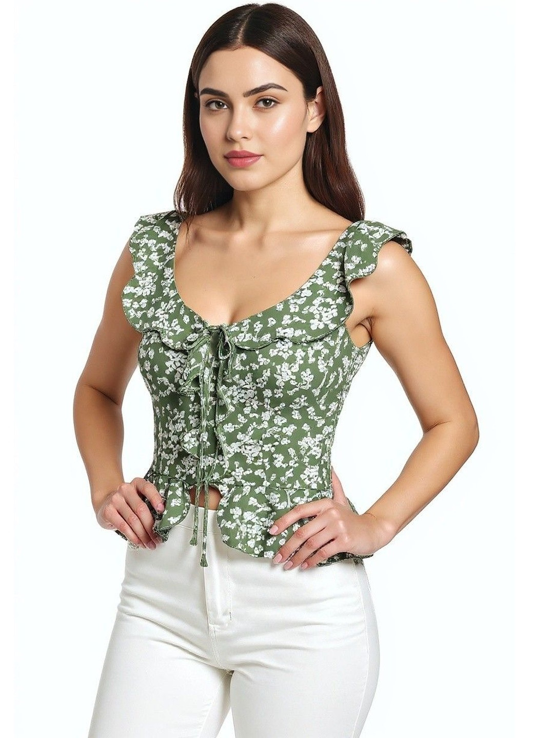 DressBerry Women Ditsy Printed Ruffled Neck Detail Tie Top