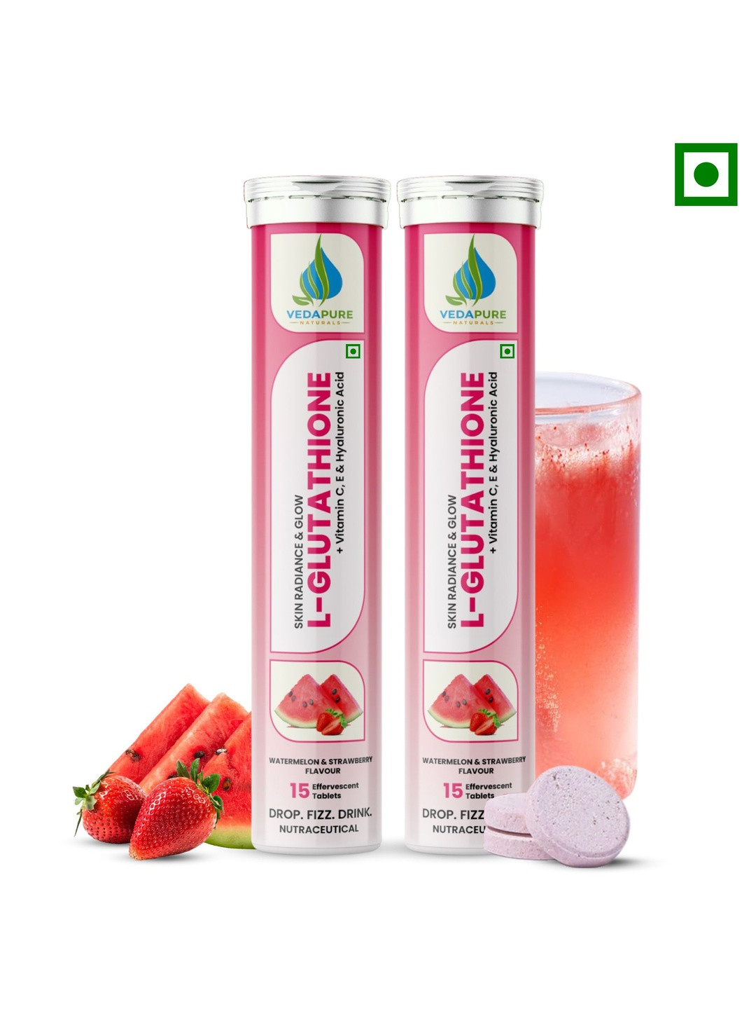 VEDAPURE Set Of 2 L-Glutathione Effervescent Tablets-  15 Tablets Each- Watermelon