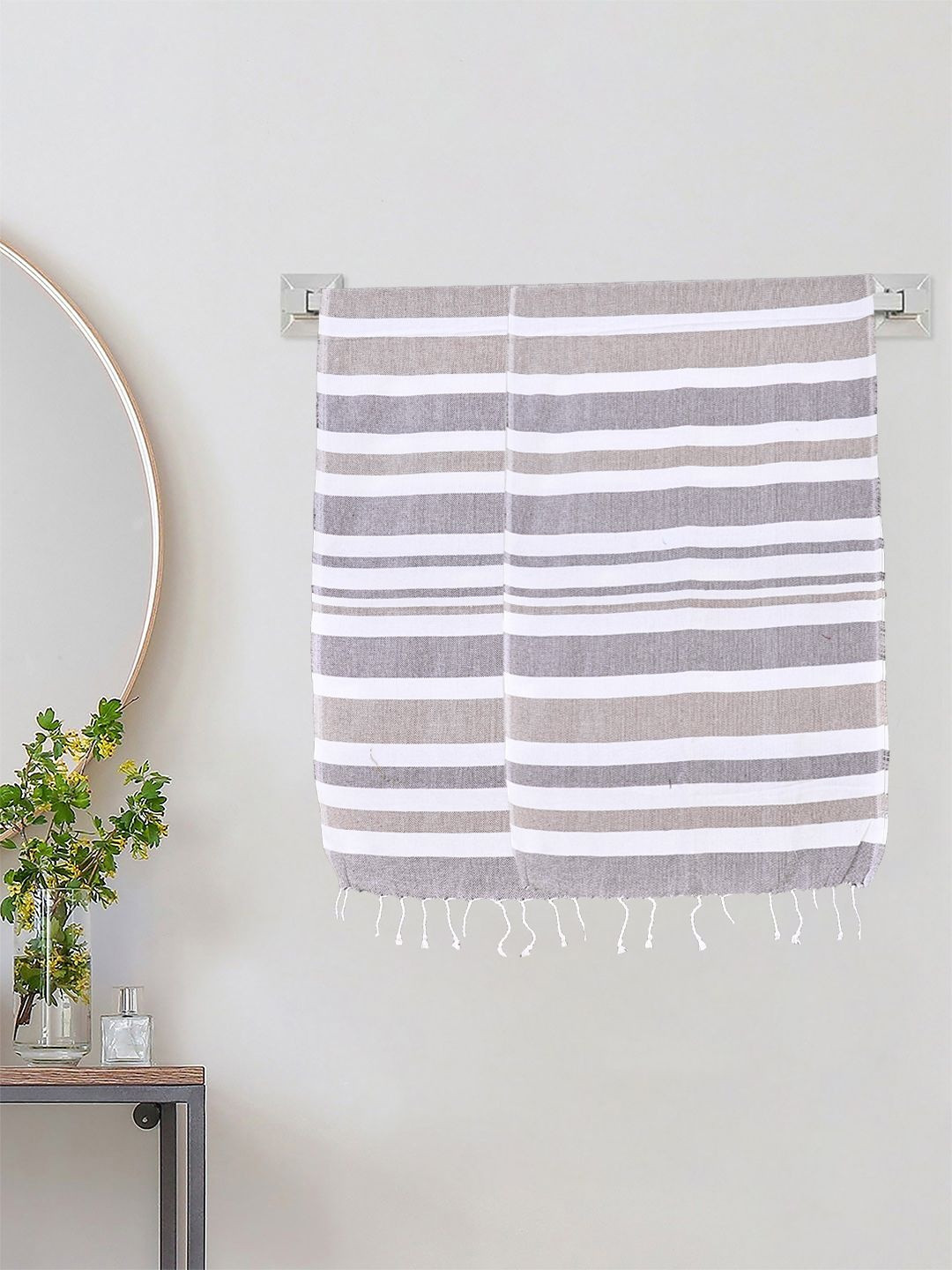 KLOTTHE Brown & White Striped Cotton 233 GSM 2 Pieces Bath Towels