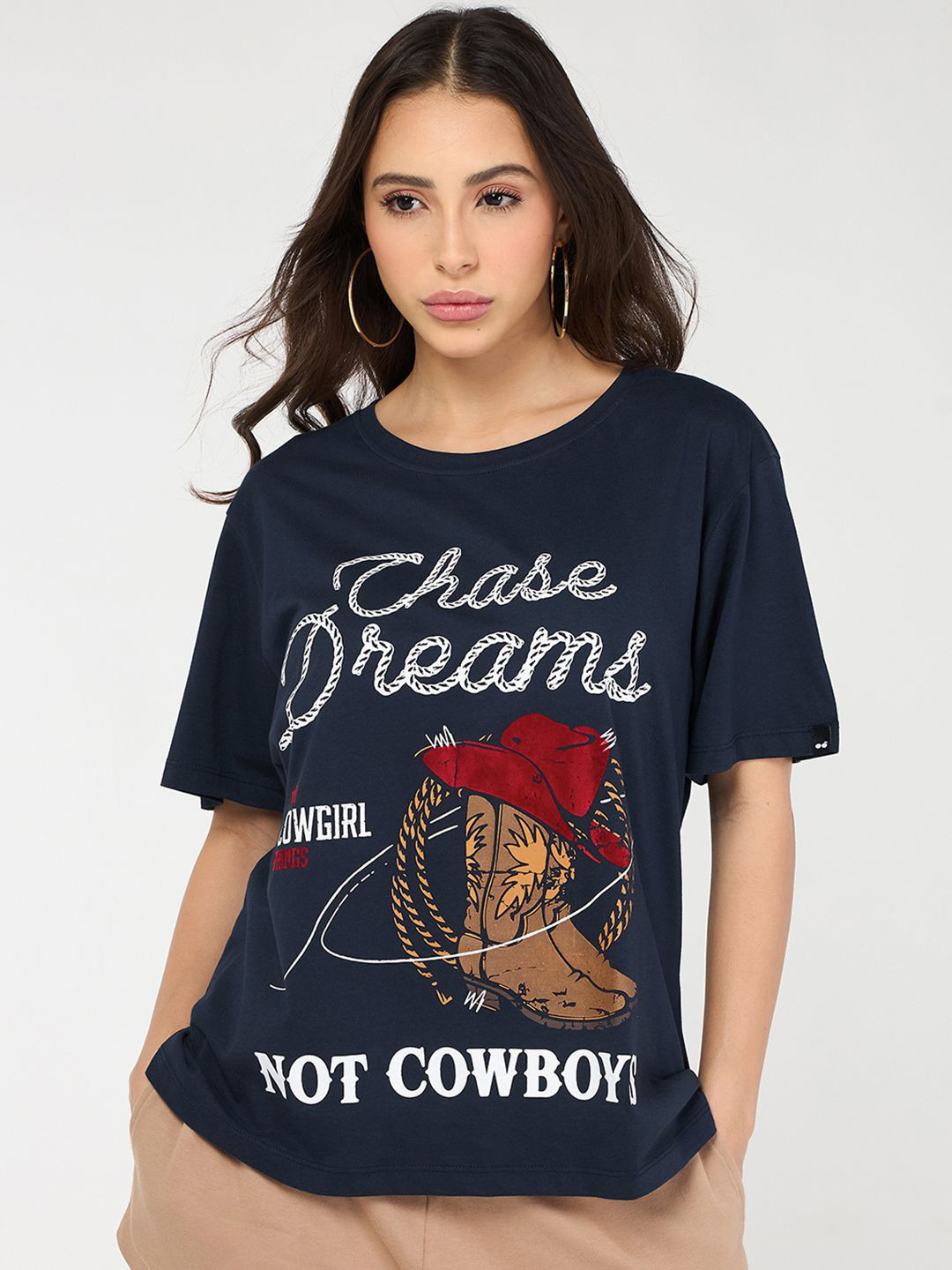 Bewakoof Women Navy Blue Chase Dreams Graphic Printed Oversized Plus Size T-shirt