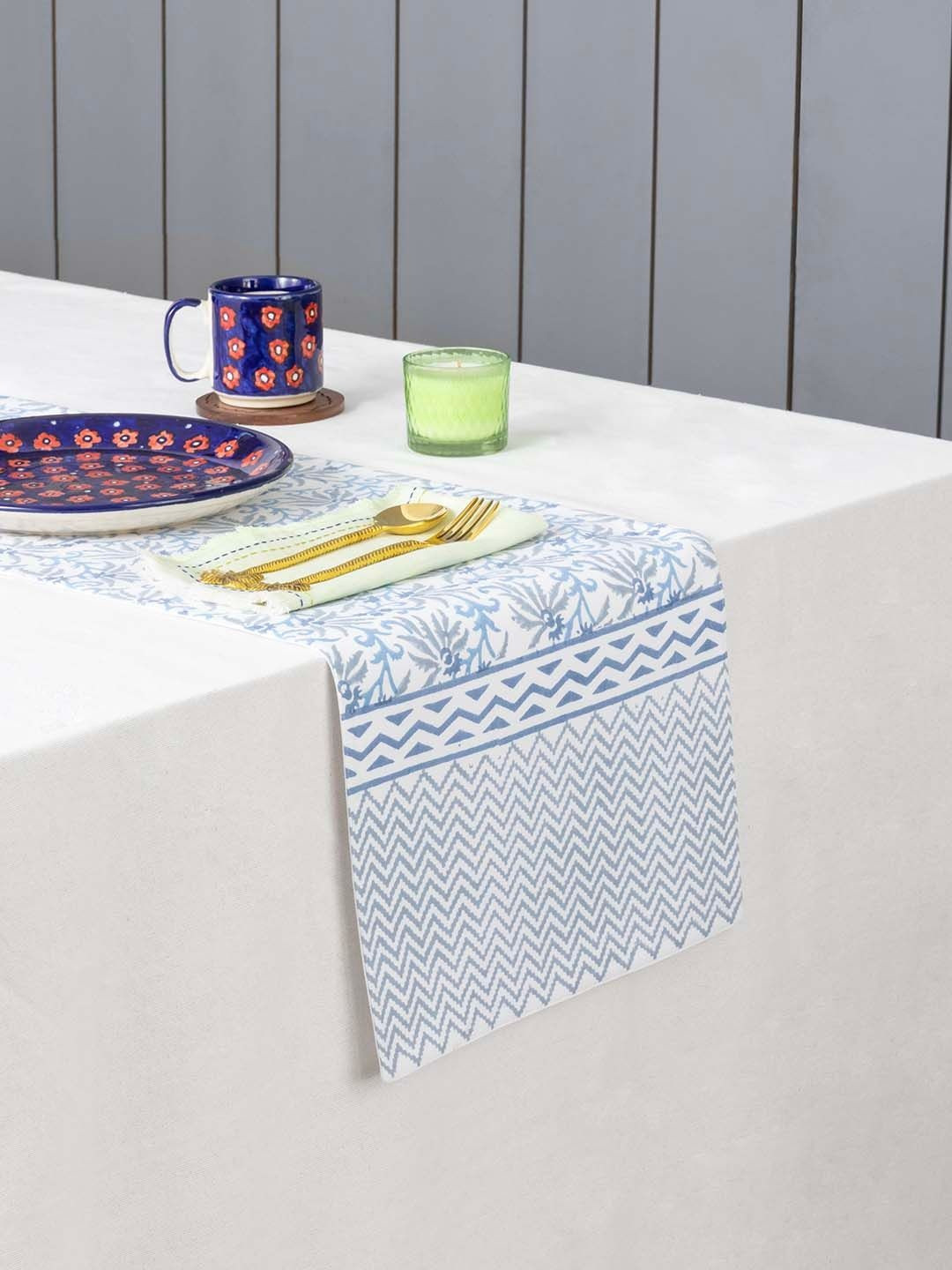 Eyaas Blue & White Block Printed Pure Cotton 8-Seater Table Runner
