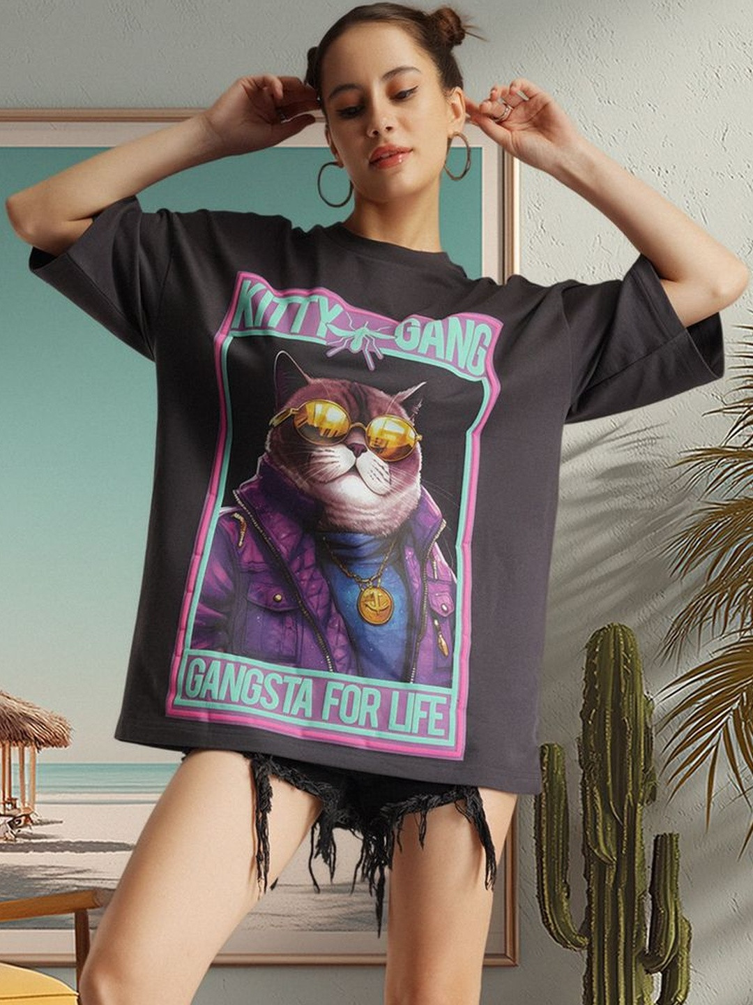Crazy Mosquitoes Kitty Gang Printed Drop-Shoulder Sleeves Oversized Fit Cotton T-shirt