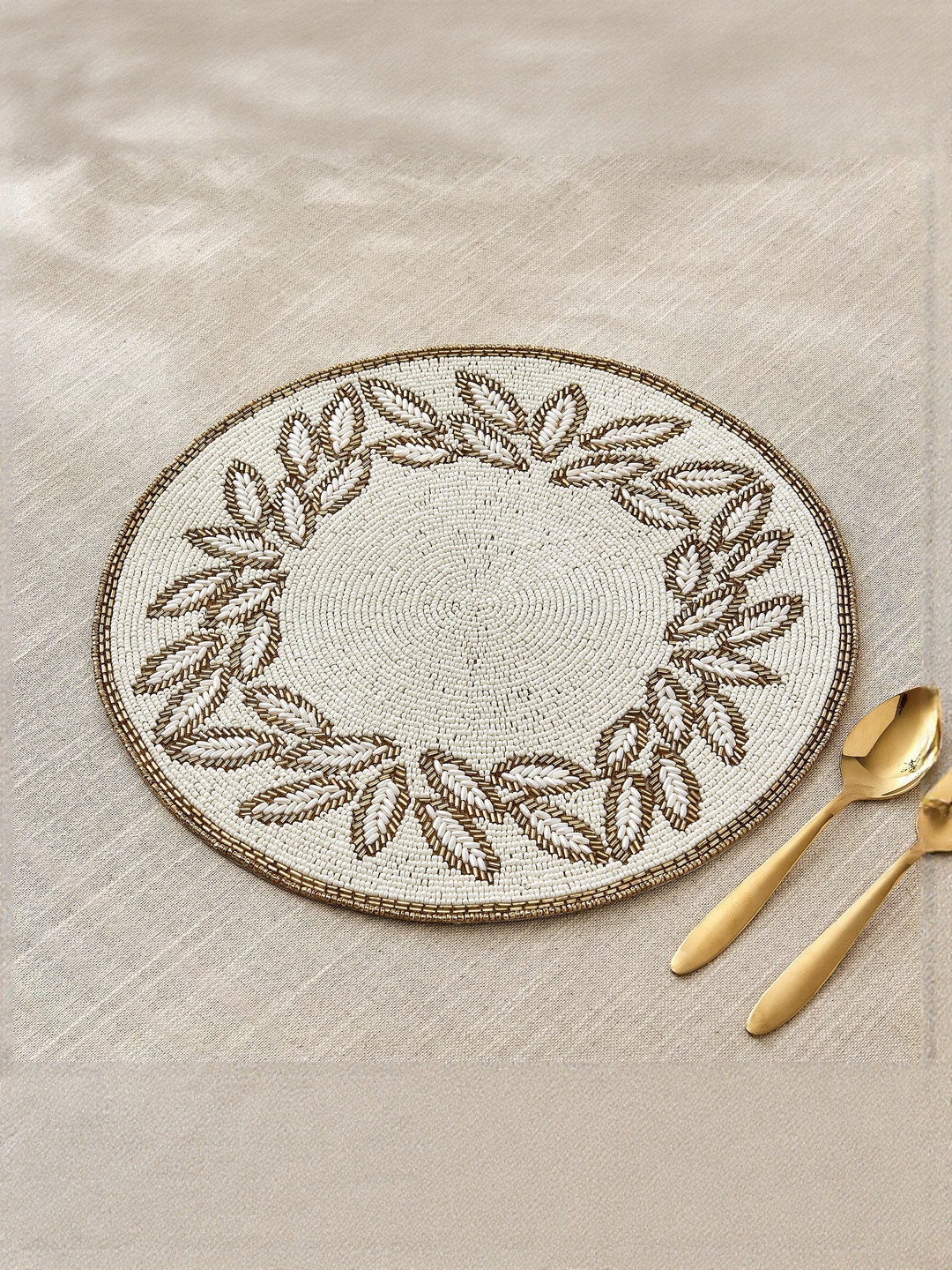 Home Centre Corsica Halcyon Off-White Leaf Beaded Glass Table Placemat