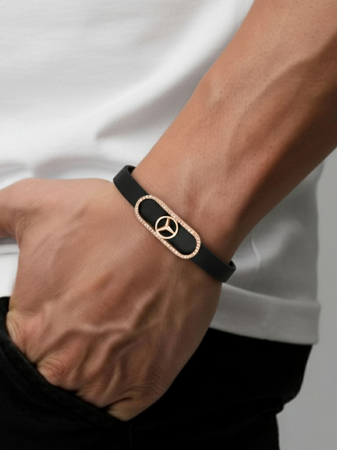 Jewelry Miguel Men Rose Gold-Plated American Diamond Studded Wraparound Bracelet