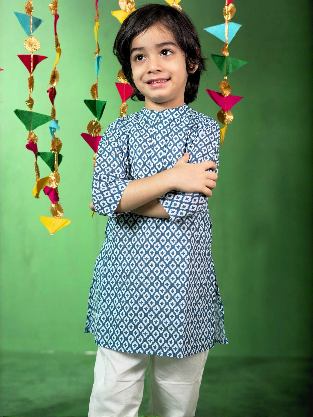 Puddle Fashion Boys Geometric Printed Mandarin Collar Pure Cotton Kurta With Pyjamas