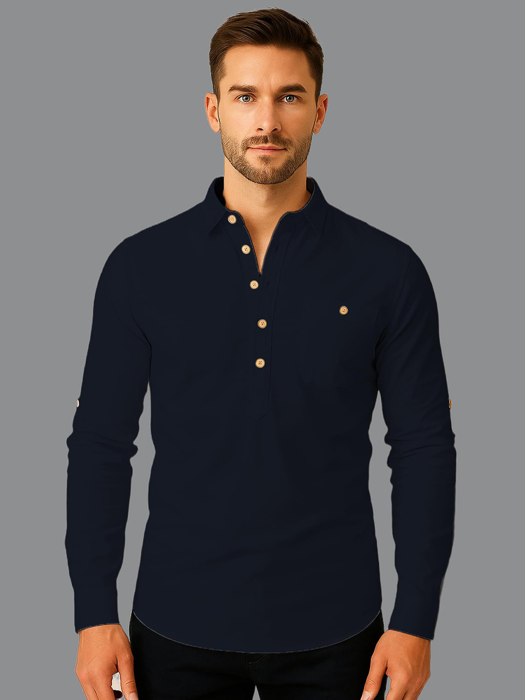 KNOWTEDShirt Collar Roll-Up Sleeves Straight Short Kurta