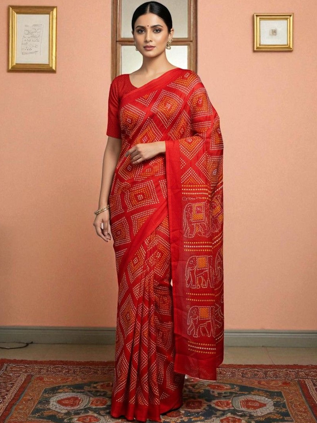 Pionex Ethnic Motifs Printed Satin Saree with Blouse Piece
