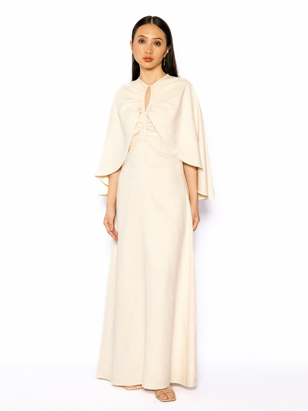 Contemponari Solid Round Neck Cape Sleeve Maxi Dress