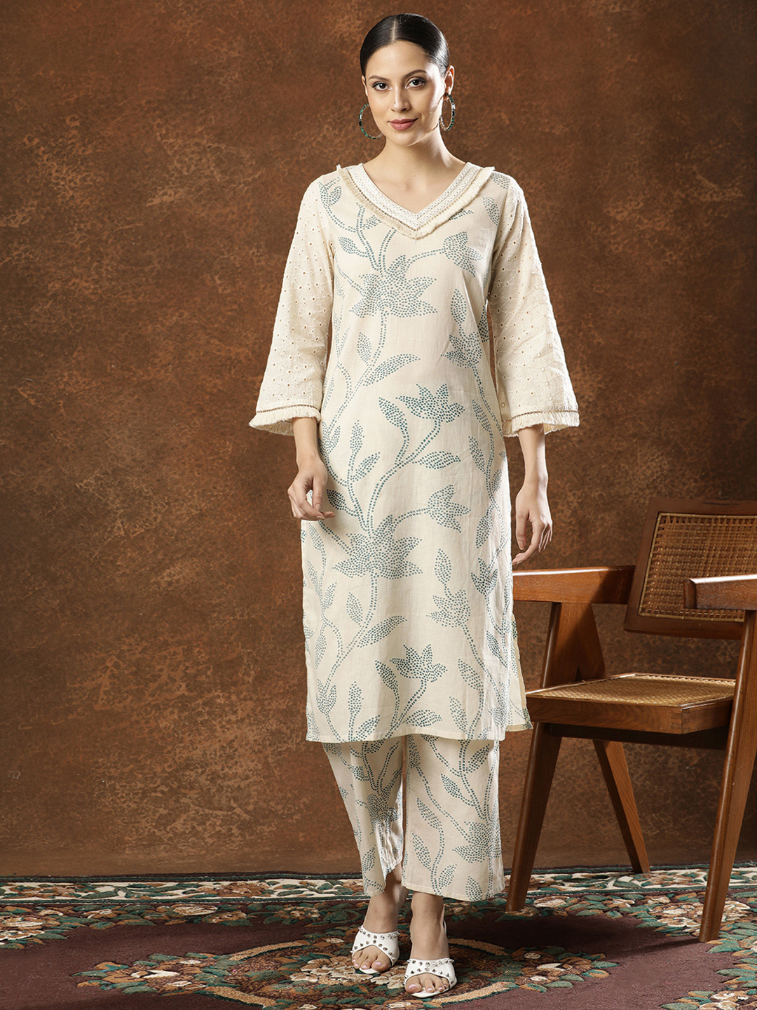 Anouk Women Cotton Printed Mirror Work Kurta & Palazzo Set