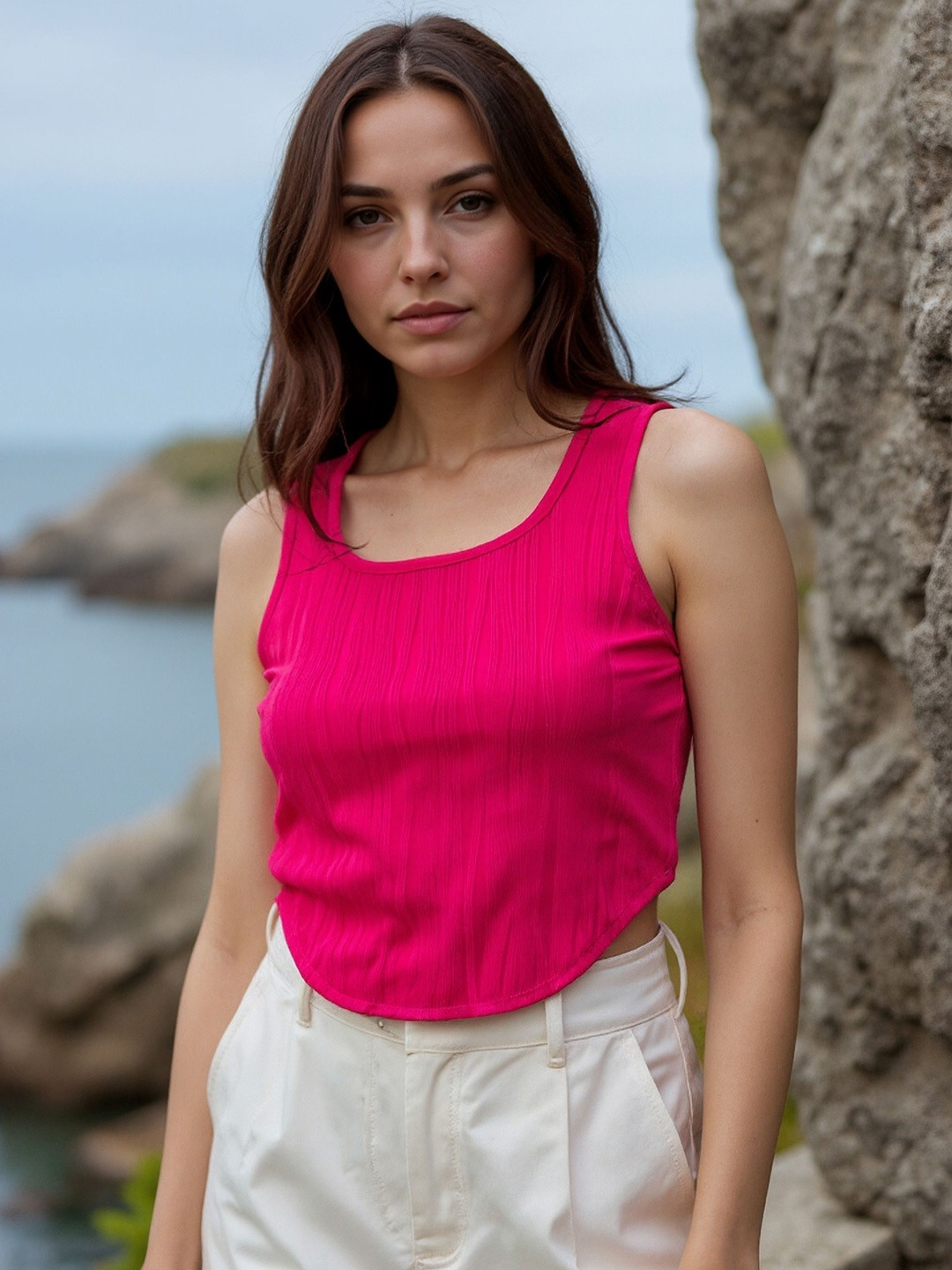 RARE Women Textured Square Neck Tank Crop Top
