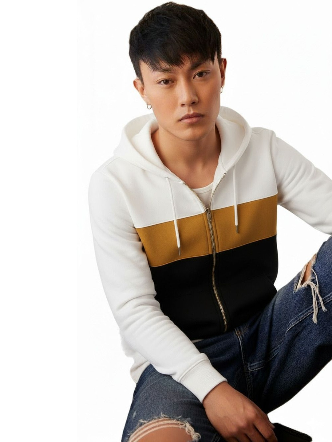 Try This Men Colourblocked Hooded Open Front Sweatshirt