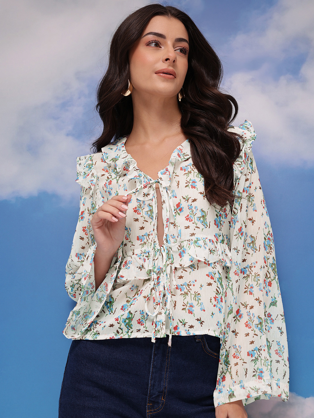 CORSICA Floral Print Bell Sleeve Ruffle Detail A-line Top With Tie-Up Closure