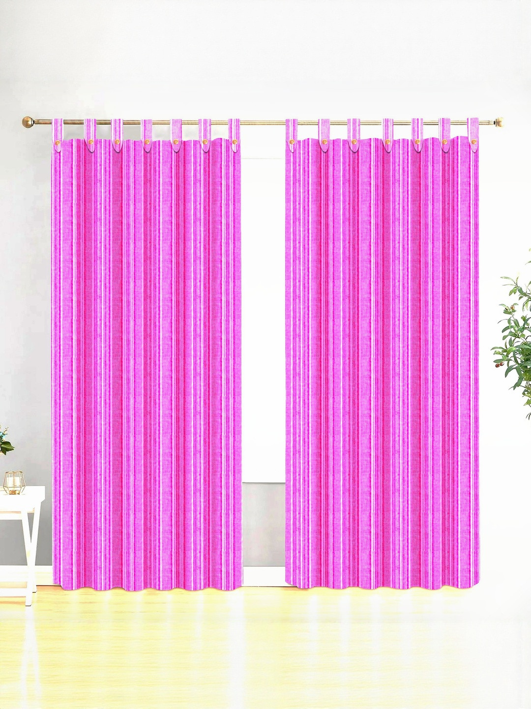 NISSI Pink Striped Cotton Breathable 2 Pieces Door Regular Loops Curtains
