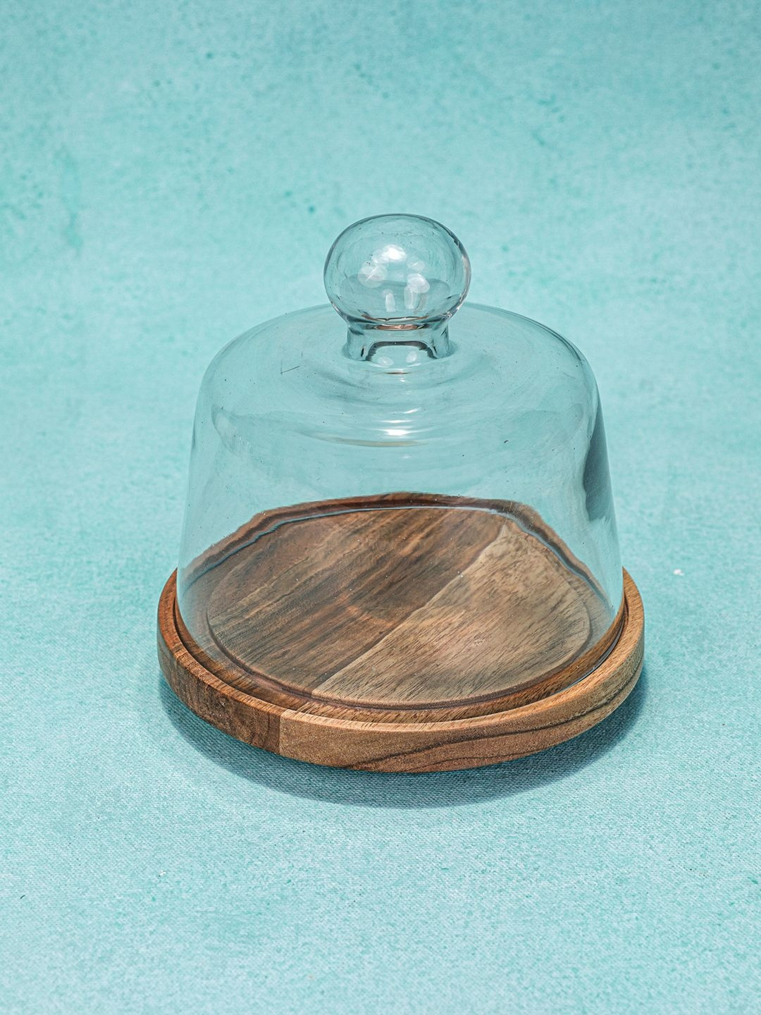 Ireka Homes Sugar Shell Acacia Transparent And Brown Wooden Cake Stand With Glass Dome