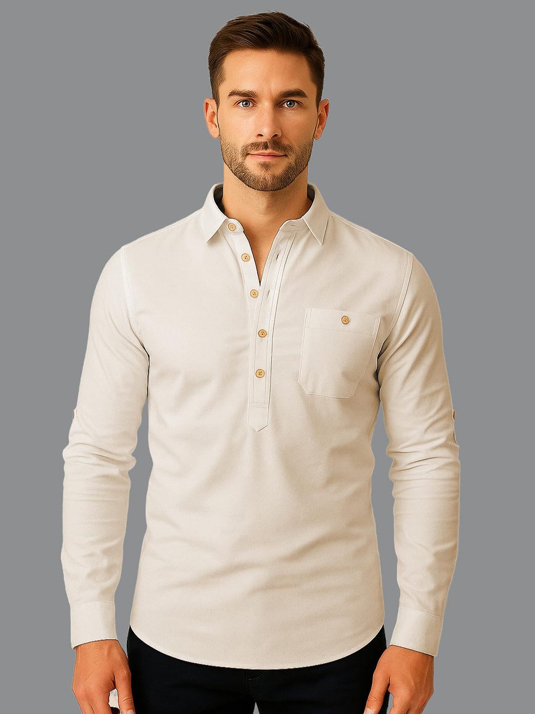 KNOWTED Shirt Collar Roll-Up Sleeves Straight Short Kurta