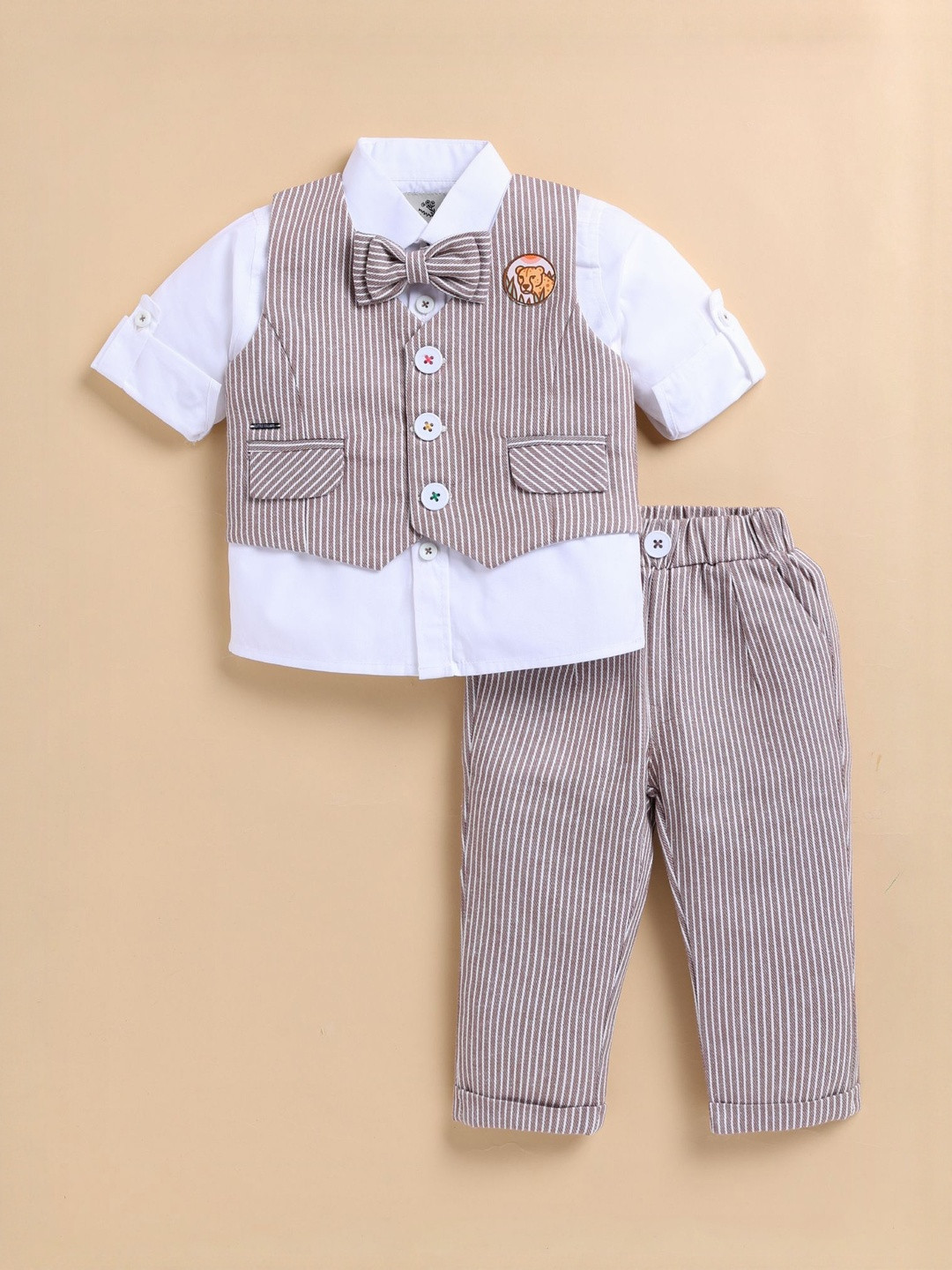 LITTLE COLLARS Boys Striped Polo Collar Long Sleeves Pure Cotton Shirt And Trousers