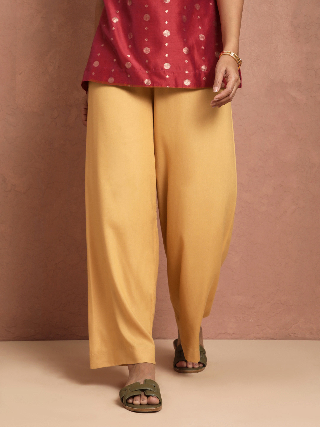 TWIN BIRDS Women Mustard Yellow Solid Wide Leg Palazzos