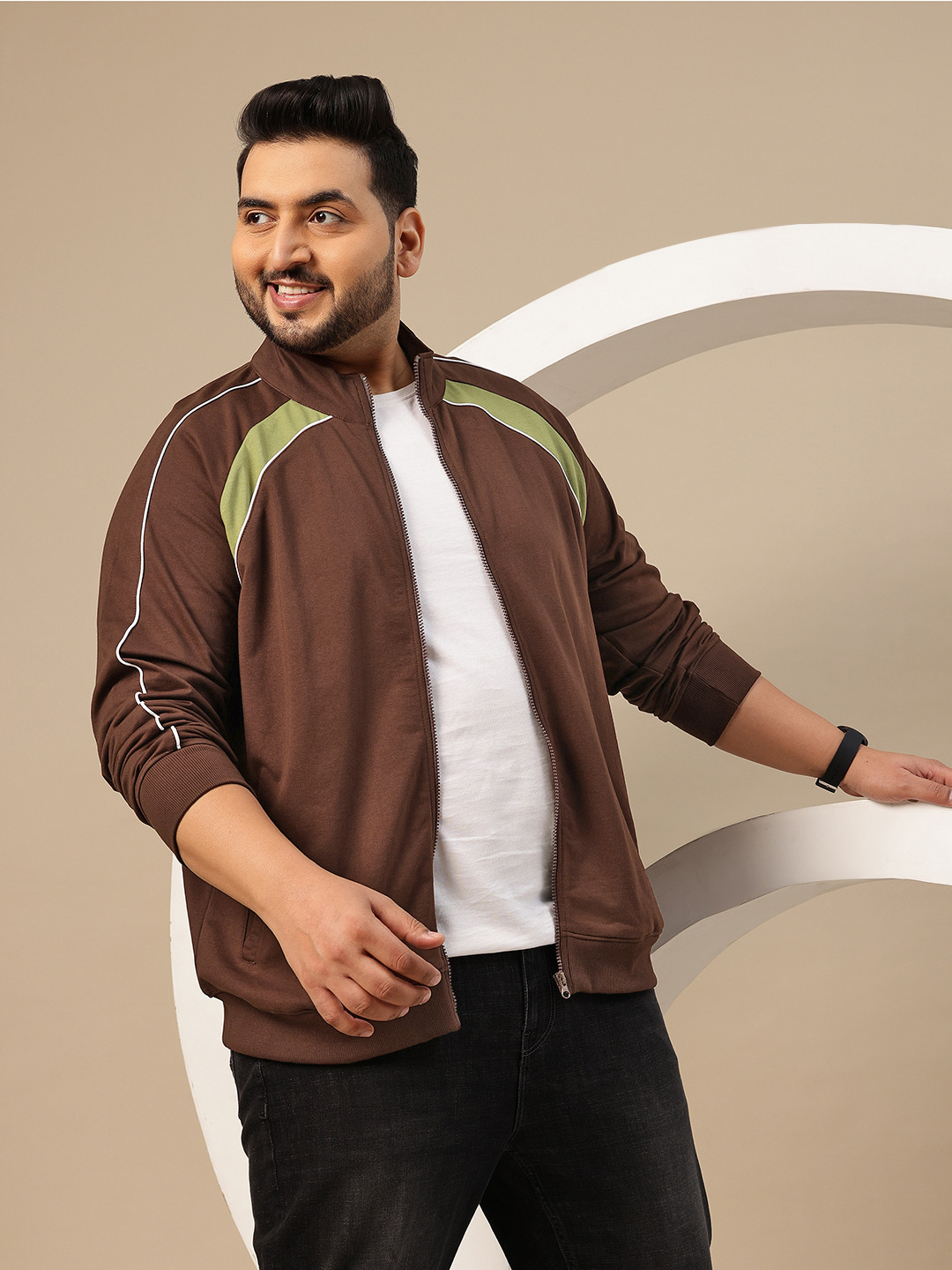 Sztori Plus Size Contrast Piping Mock Collar Raglan Sleeves Zip-Up Terry Sweatshirt