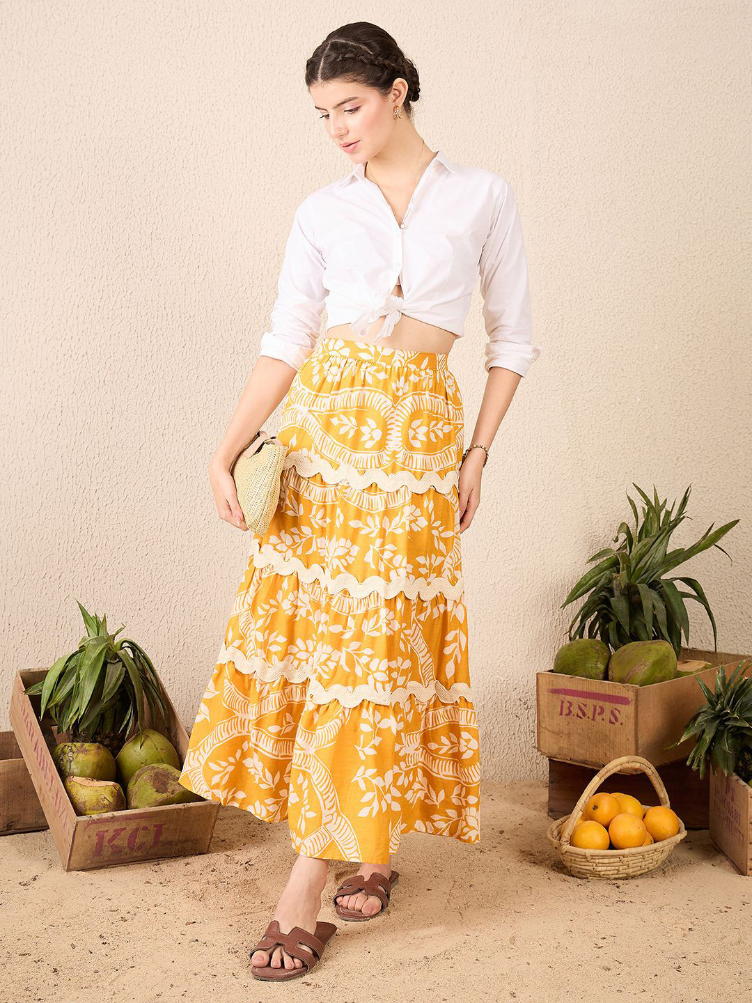 Uptownie Ric-Rac Cotton Tiered Maxi Skirt