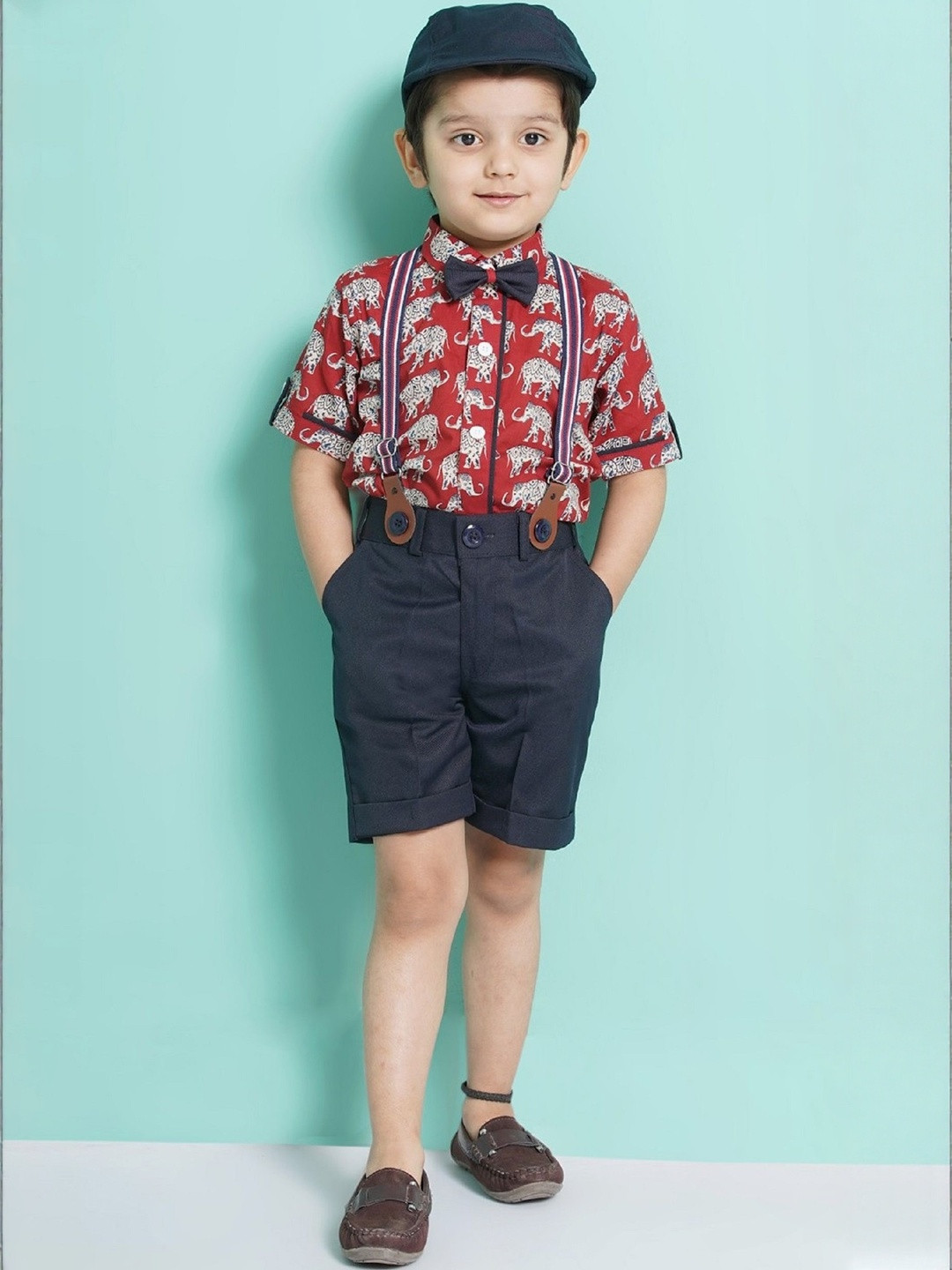 HEERALI FASHION Boys Elephant Printed Shirt With Shorts & Suspenders