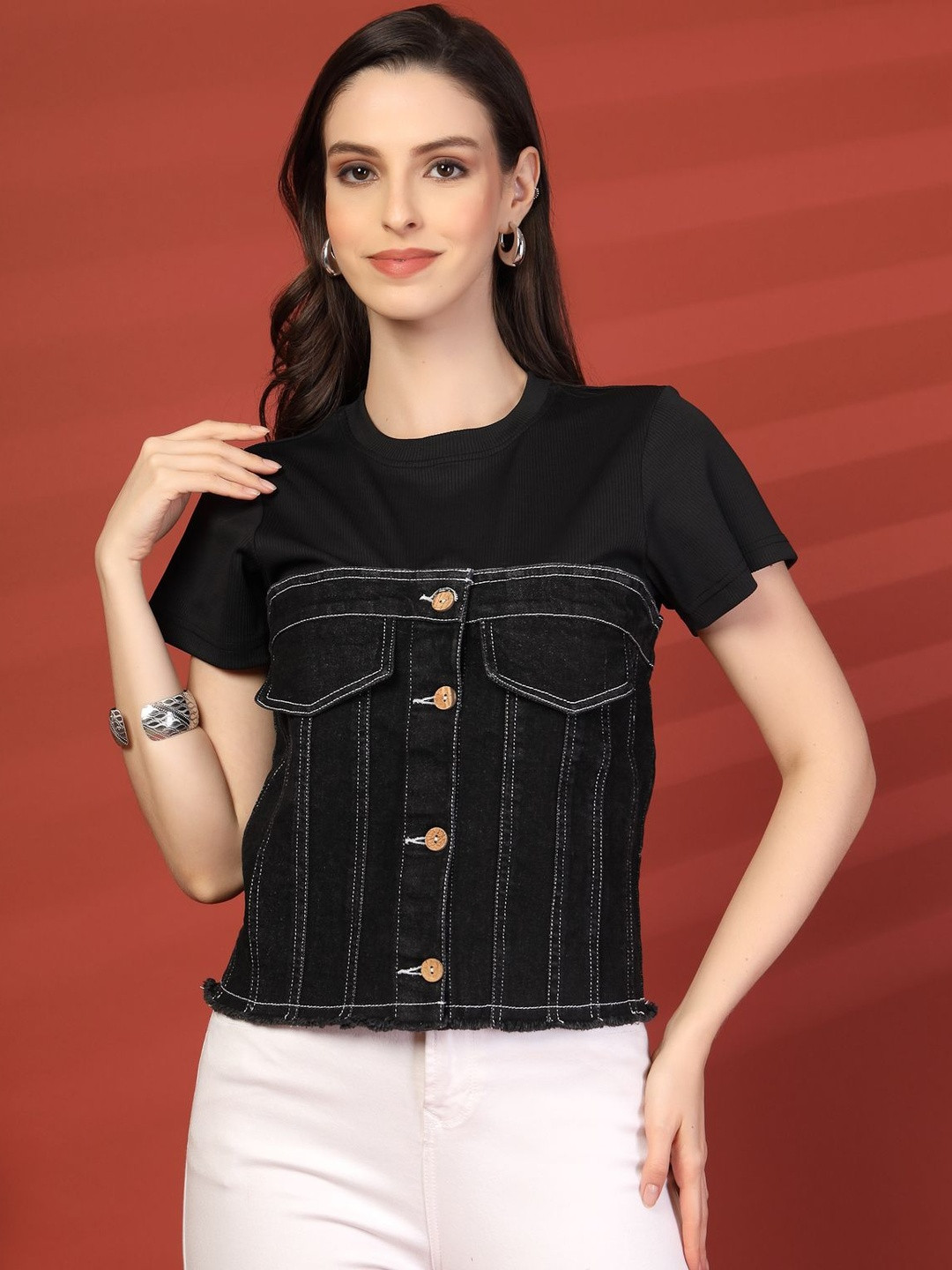 plusS Women Ribbed Round Neck Utility Pockets Cotton Top