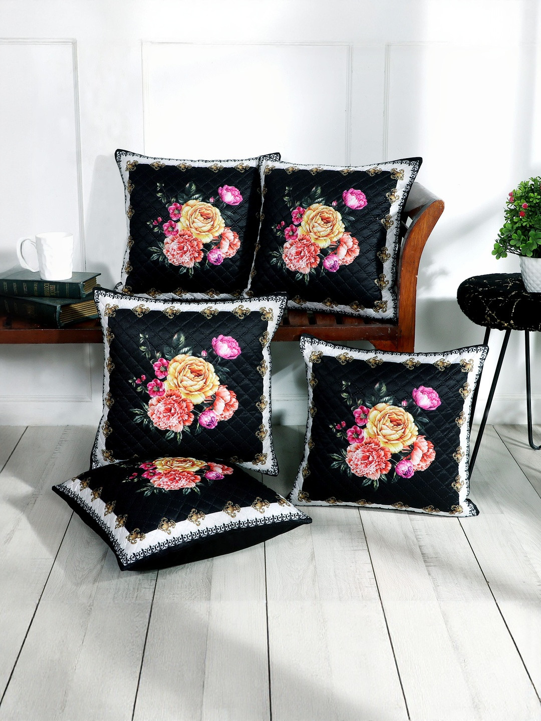 BLUEDOT Black & Yellow Floral Velvet 5 Pieces Square Cushion Covers-16 InchX16 inch