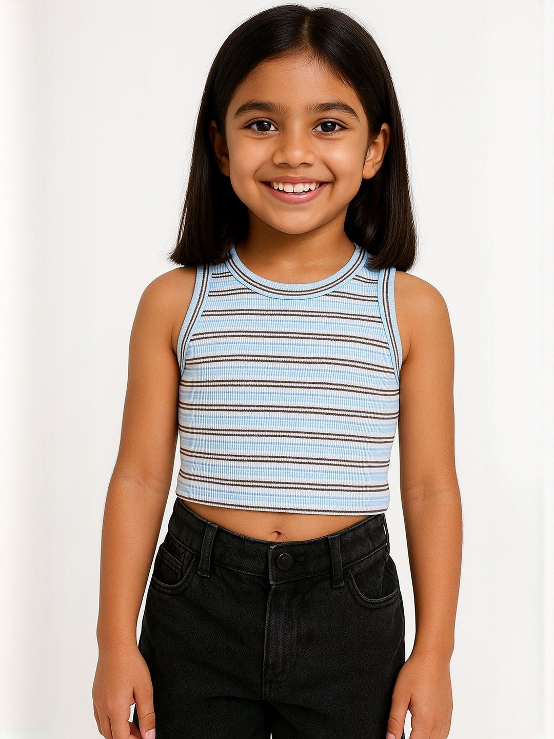 CHILINS Girls Vertical Stripes Ribbed Stretchable Slim Fit Crop Tank Top