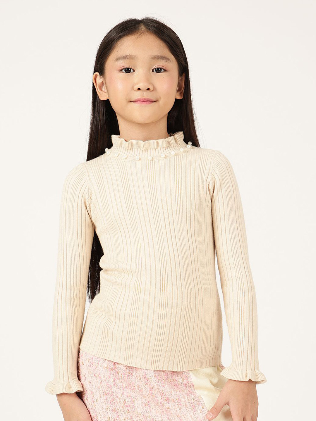 One Friday Girls Off White Solid Knit High Neck Jumper